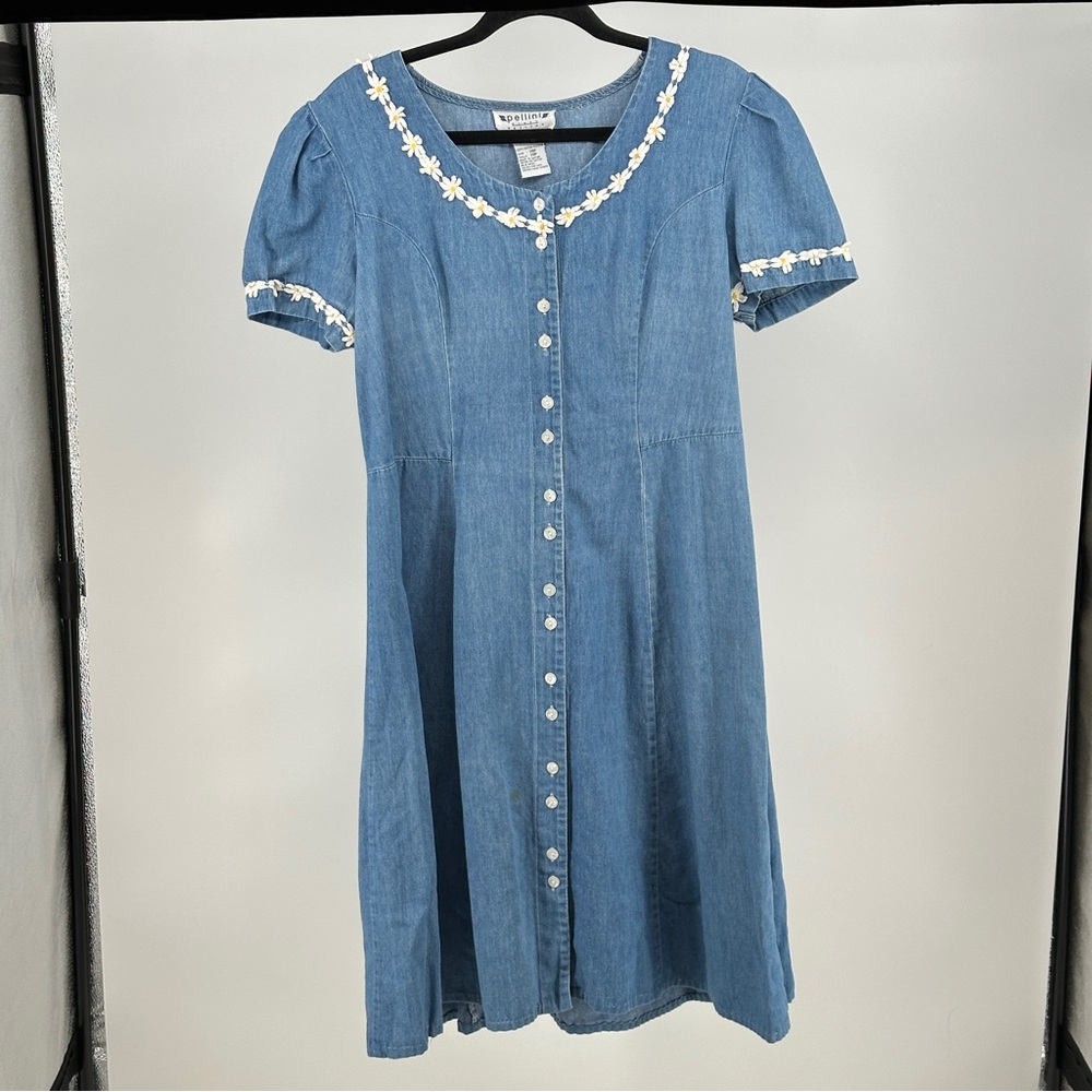 Women’s 14 Petite Blue Denim Midi Dress‎ with Daisy Floral Trim Vintage 90’s Y2K